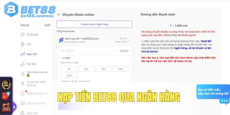 Cách nạp tiền BET88 qua banking
